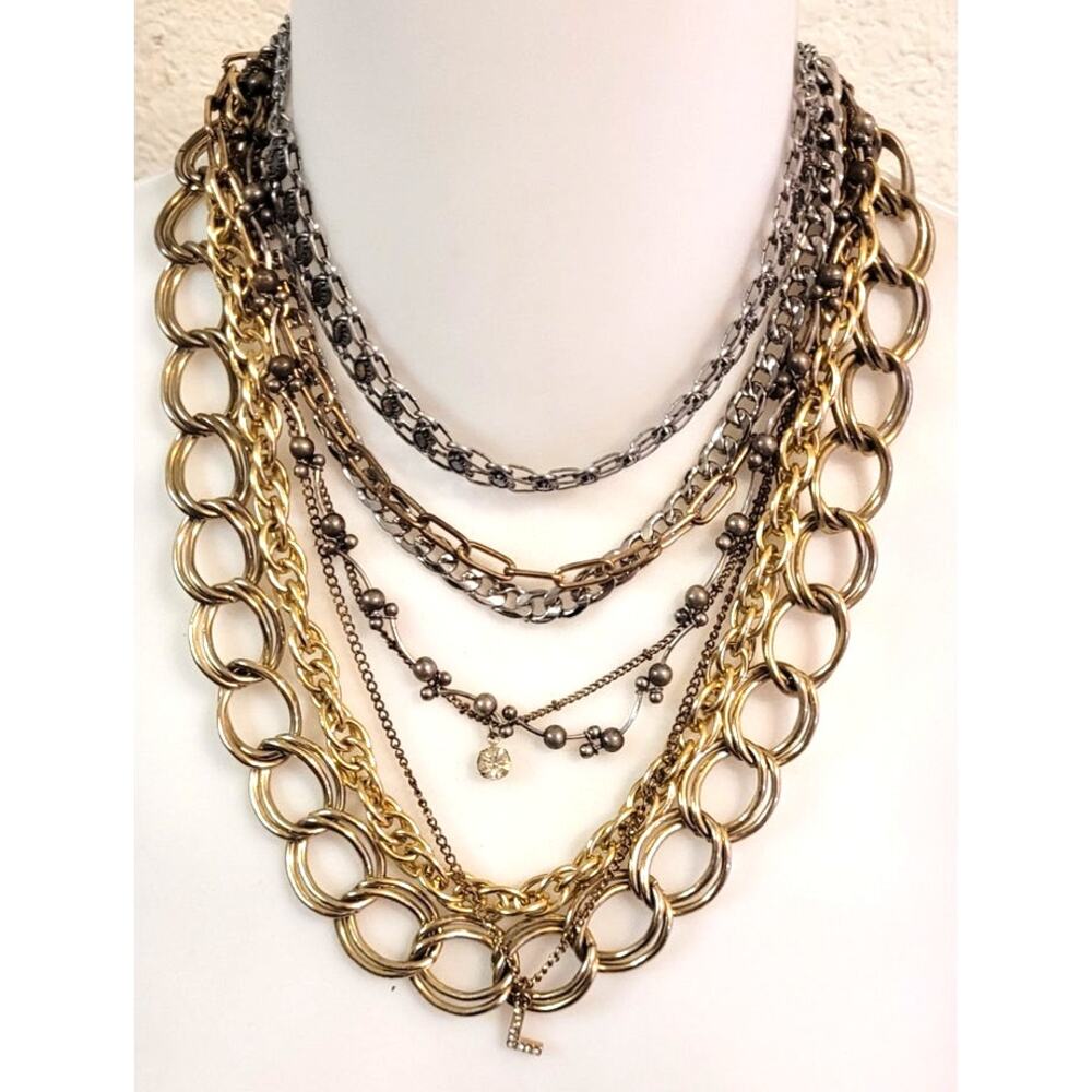 6 Pc Necklace Lot Silvertone and Goldtone Chains Chokers Vtg Y2K Retro Costume
